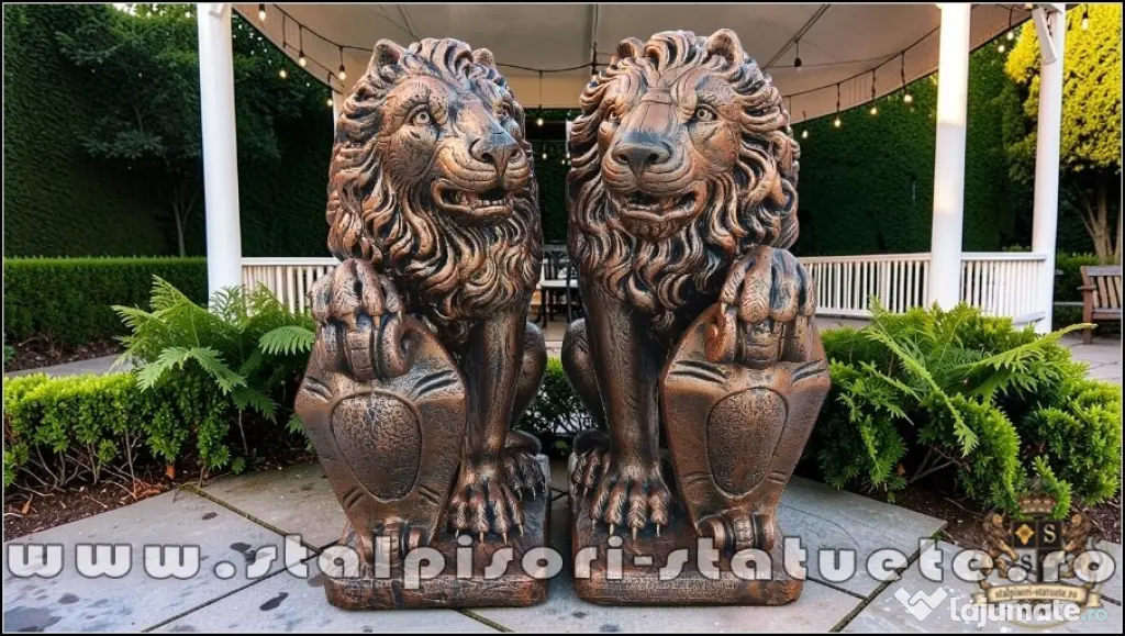 Statuetă leu mare cu blazon, arămiu patinat, model S1.