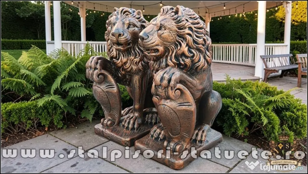 Statuetă leu mare cu blazon, arămiu patinat, model S1.
