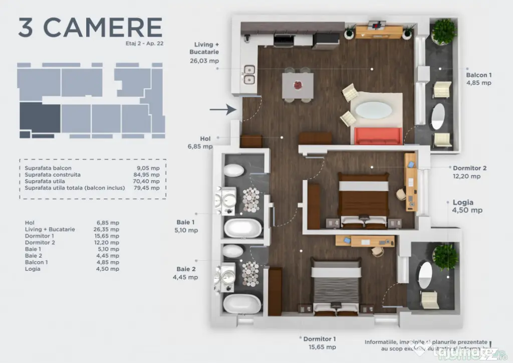 FINALIZAT | 3 camere,incalzire in pardoseala, Titan/Pallady