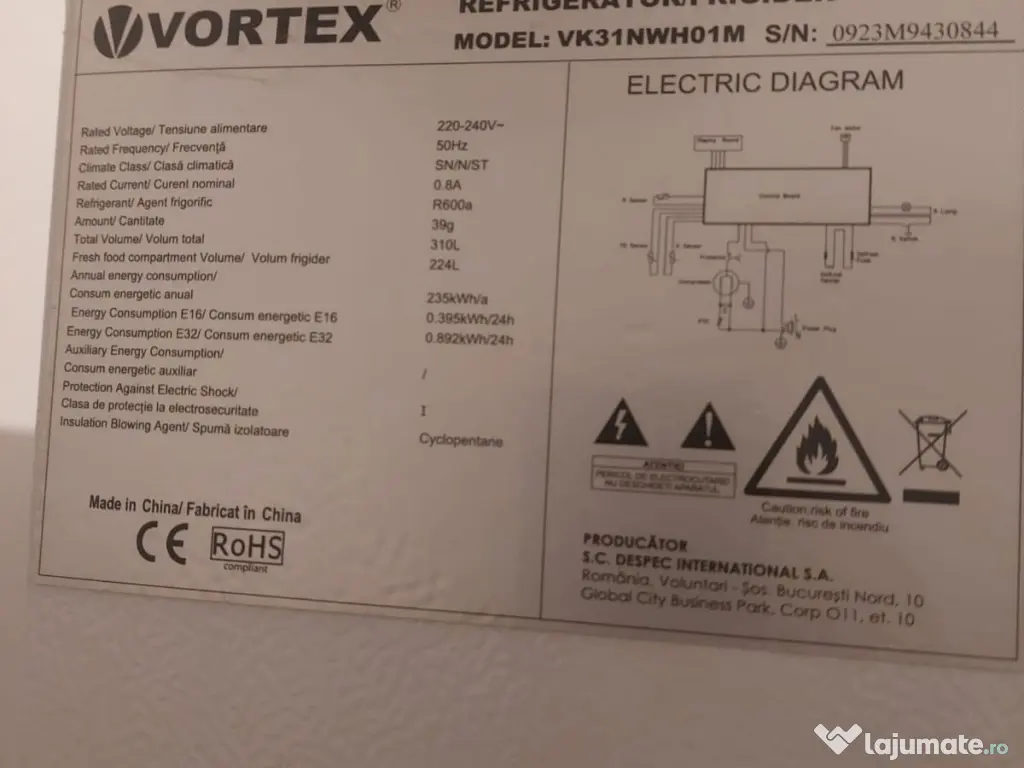 Combina frigorifica Vortex VK31NWH01m, no frost