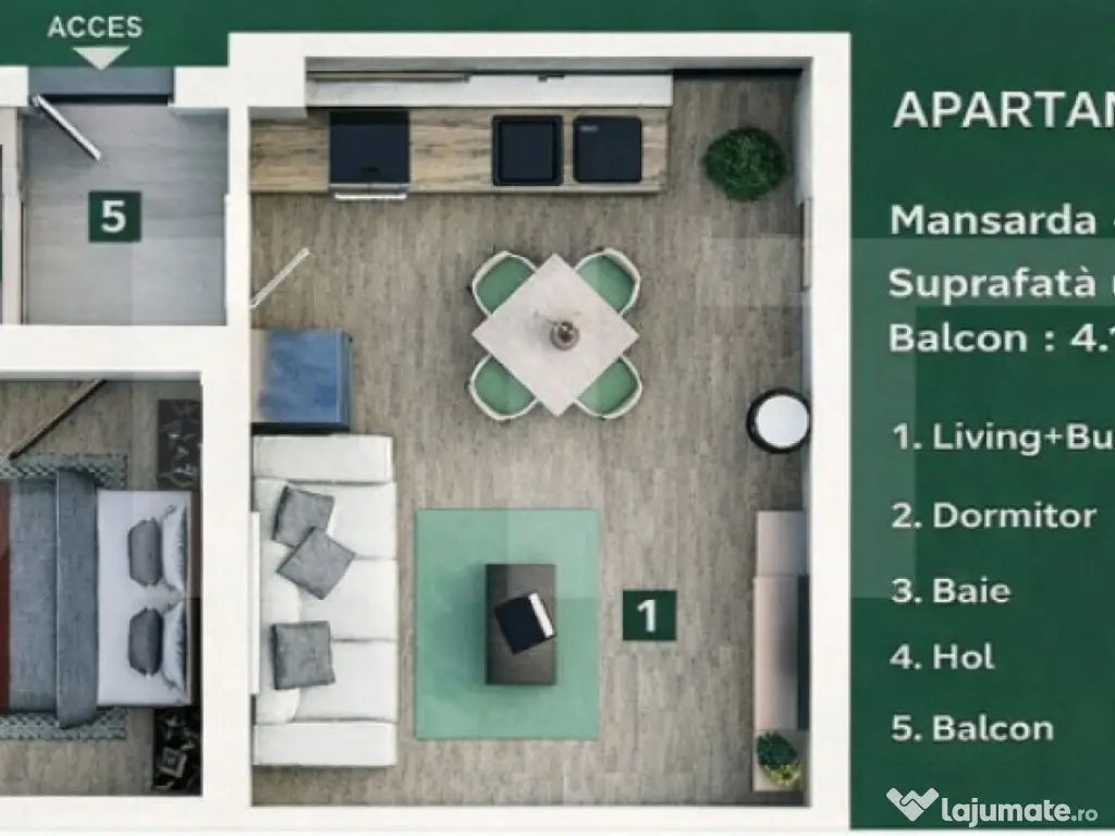 Apartament 2 camere, living cu bucătărie open space, balco