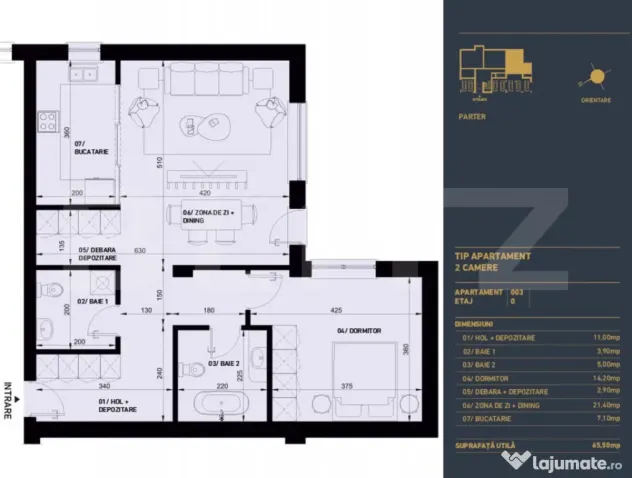 Apartament cu 2 camere, 2 bai si gradina, 65.5 mp - Complex