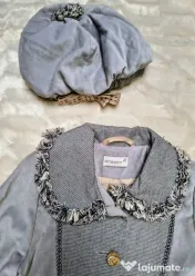 Set Palton Elegant cu buzunare & Beretă fata NOU Brand Anason 110cm 4-5 ani 