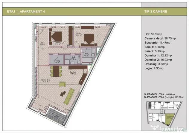 Apartament luxos cu 3 camere și 2 locuri de parcare