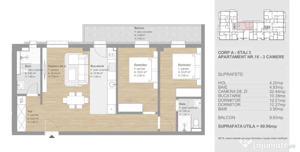 Apartament 3 camere, 70mp utili, 2 bai, finisat, lift, zona Tineretulu