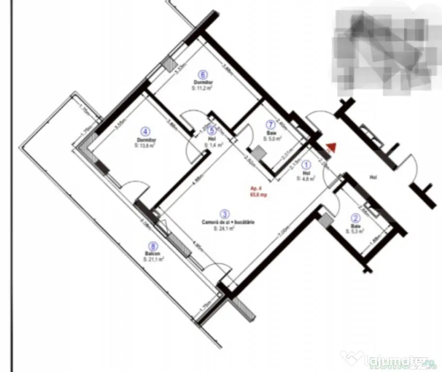 Apartament semidecomandat, 66 mp, 2 bai, terasa 21 mp, garaj