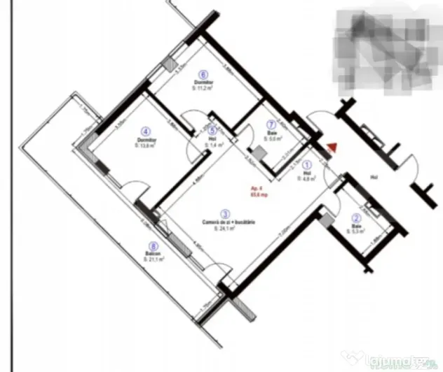 Apartament semidecomandat, 66 mp, 2 bai, terasa 21 mp, garaj