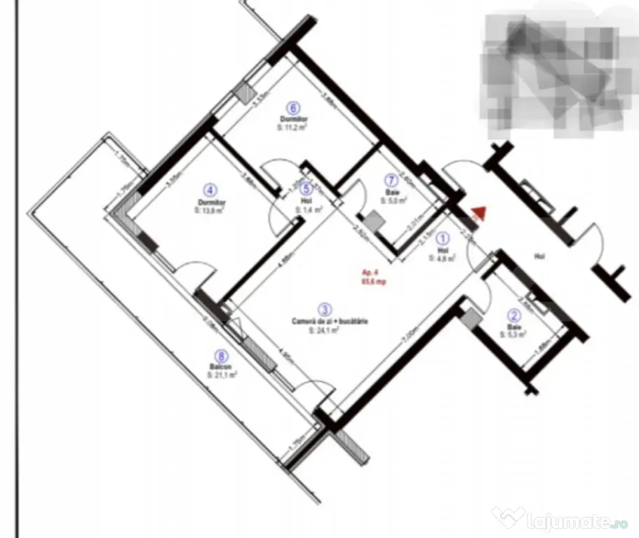 Apartament semidecomandat, 66 mp utili, 2 bai, terasa 21 mp,