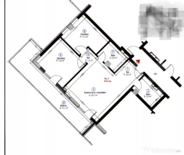 Apartament semidecomandat, 66 mp utili, 2 bai, terasa 21 mp,