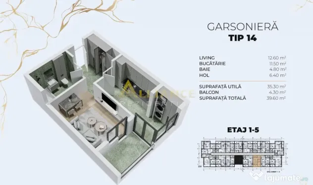 Garsoniera decomandata | 39 MP | Metrou Berceni