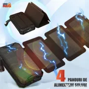 Baterie Externa Solara, Power Bank 8000 mAh, 4 Panouri,Lightning, Waterproof