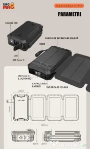 Baterie Externa Solara, Power Bank 8000 mAh, 4 Panouri,Lightning, Waterproof