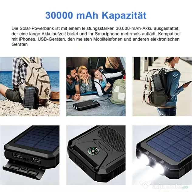 Încărcător Solar (Power Bank Solar) 30.000 mAh + Lanterna cu doua lumini