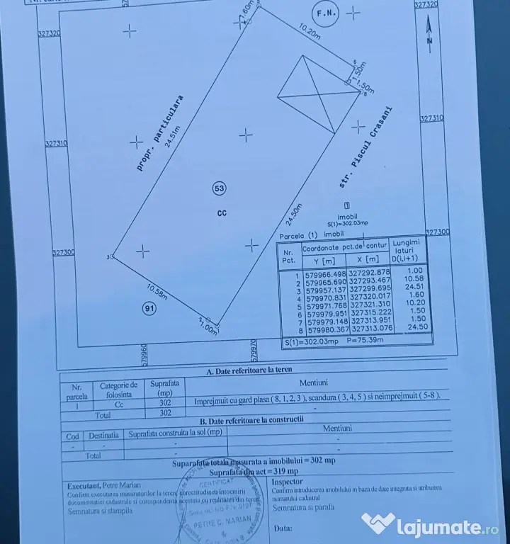 Teren intravilan 302 mp , urbanism , P+4, toate utilitățil