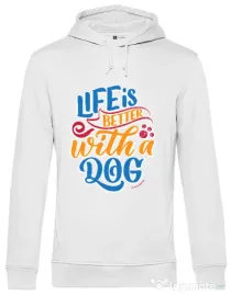 Hanorac barbat cu gluga Life is better with a dog Alb