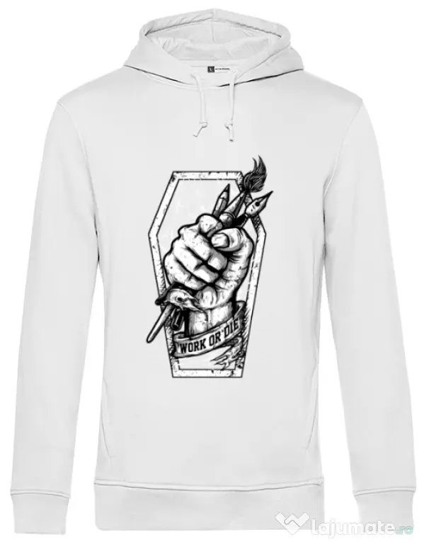 Hoodie barbat cu gluga Work or Die Alb