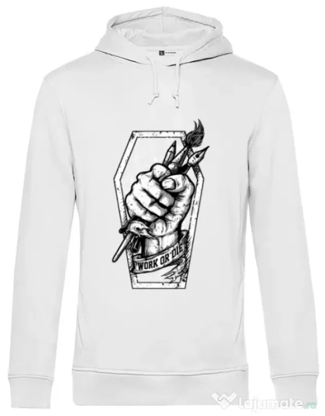 Hoodie barbat cu gluga Work or Die Alb