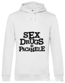 Hoodie barbat cu gluga Sex, drugs si pacanele Alb