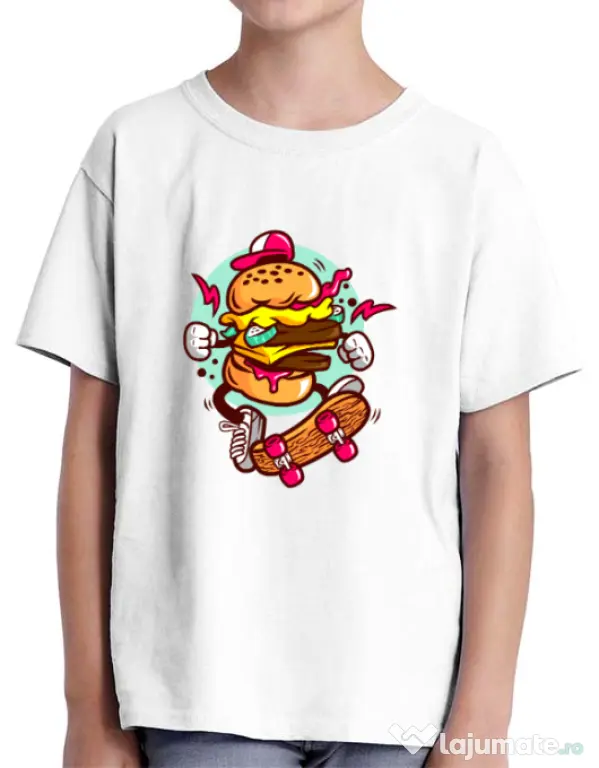 Tricou ADLER copil Burger Skater Alb