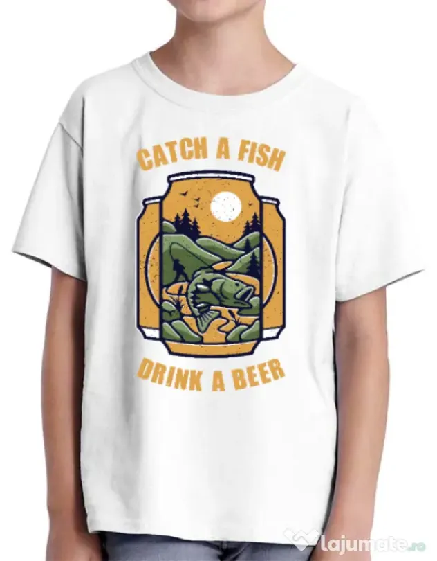 Tricou ADLER copil Catch a fish Alb