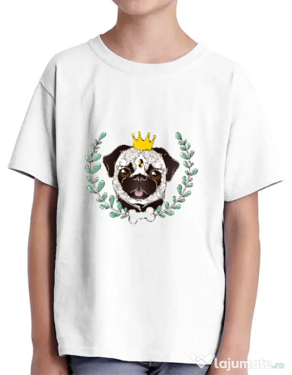 Tricou ADLER copil King Of Pug Alb