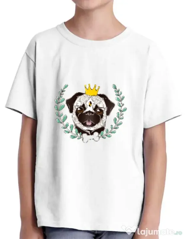 Tricou ADLER copil King Of Pug Alb