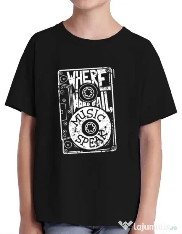 Tricou ADLER copil Where words fail, music speaks Negru