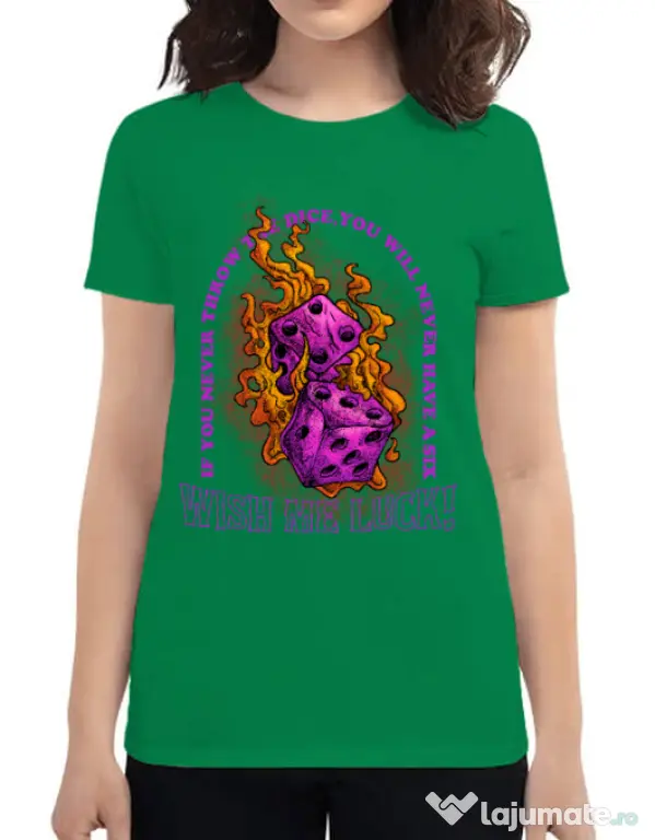 Tricou personalizat dama WISH ME LUCK Verde mediu