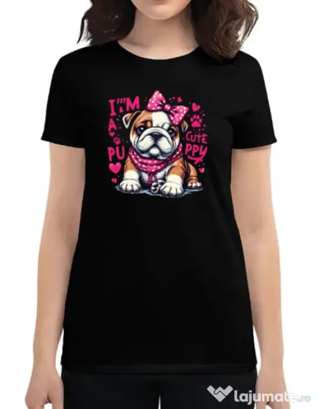 Tricou personalizat dama CUTE PUPPY Negru