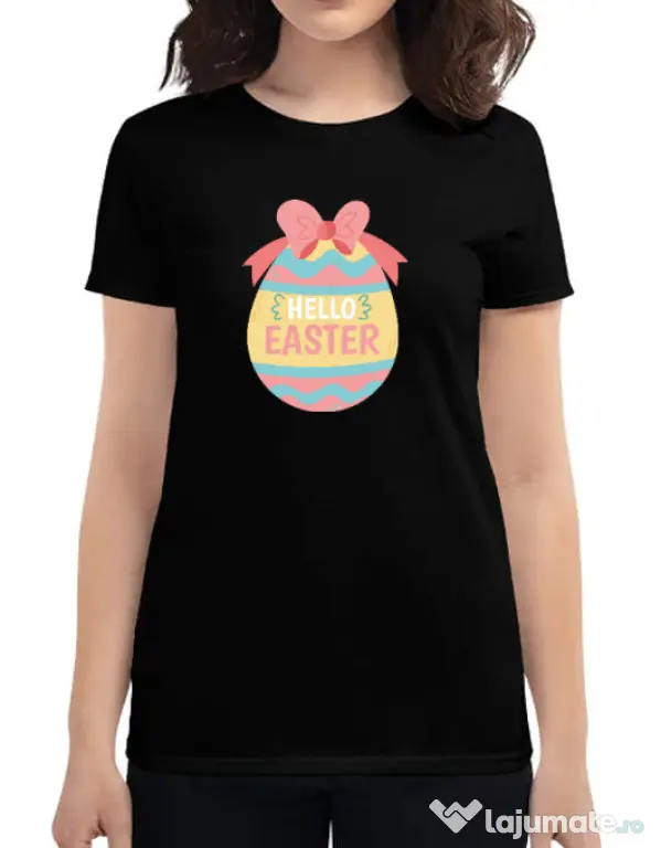 Tricou personalizat dama HELLO EASTER Negru