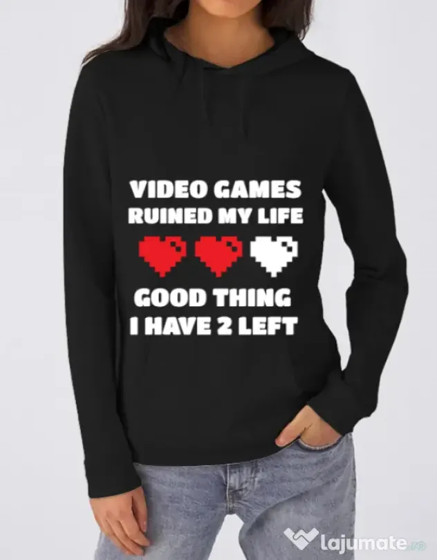 Hoodie dama cu gluga Video games ruined my life Negru