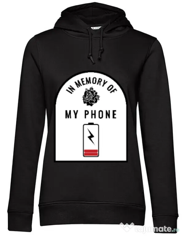Hoodie dama cu gluga In memory of my phone Negru