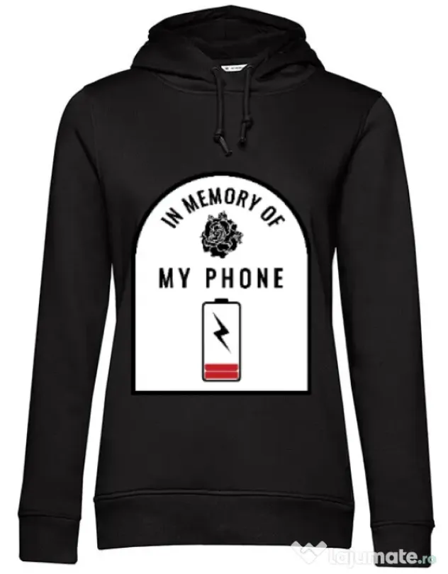 Hoodie dama cu gluga In memory of my phone Negru