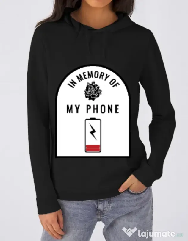 Hoodie dama cu gluga In memory of my phone Negru
