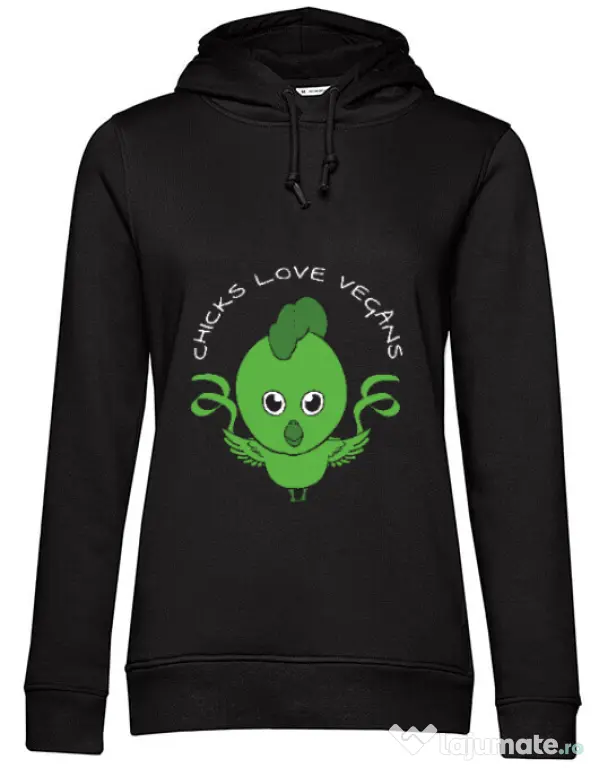 Hoodie dama cu gluga Chicks love vegans Negru