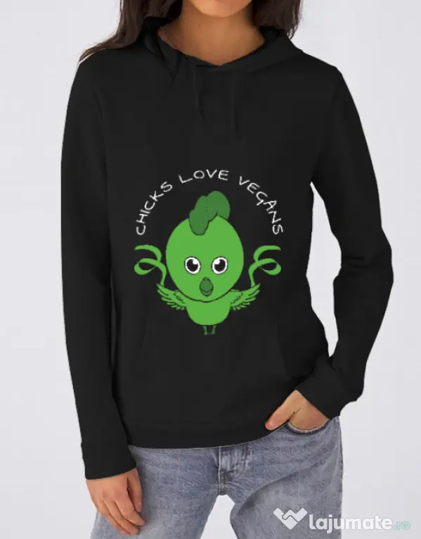 Hoodie dama cu gluga Chicks love vegans Negru