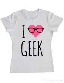 Tricou ADLER dama I love geek Alb