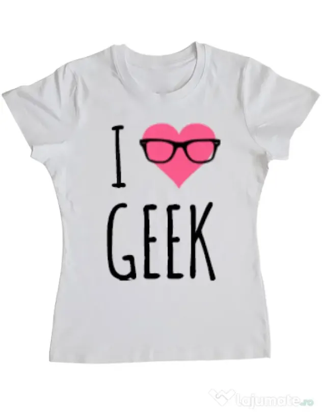 Tricou ADLER dama I love geek Alb