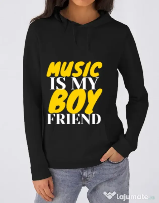 Hoodie dama cu gluga Music is my boyfriend Negru