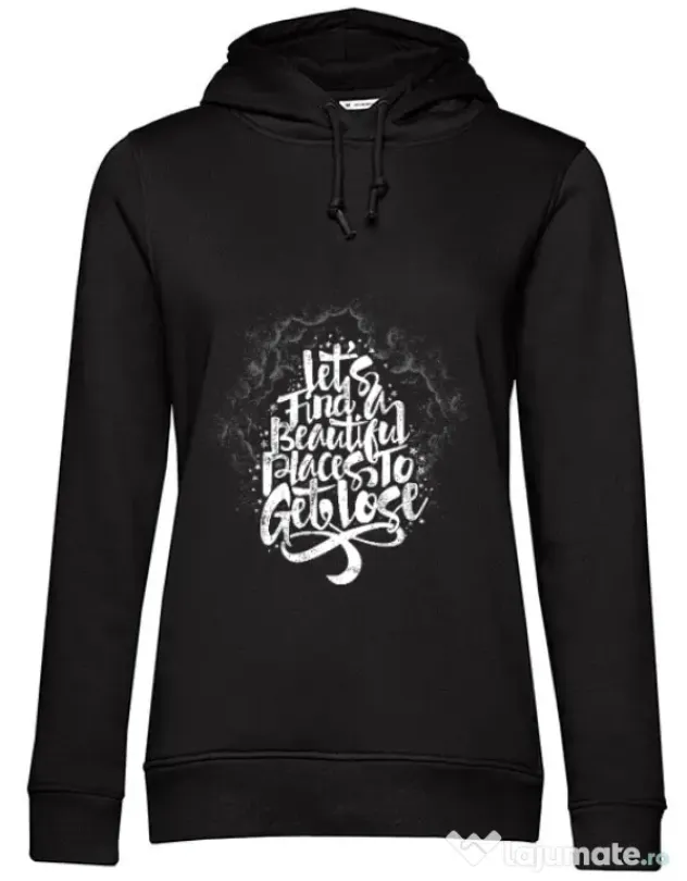 Hoodie dama cu gluga Let's find beautiful place to get lost Negru