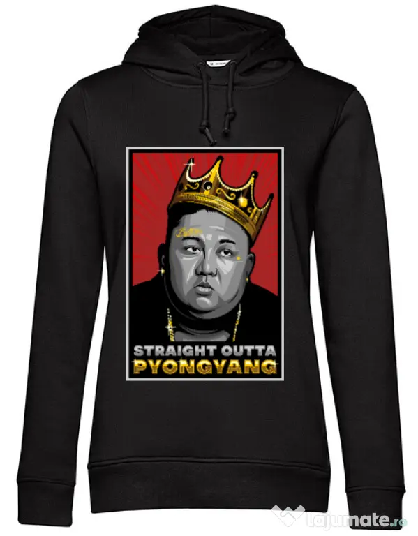 Hoodie dama cu gluga Straight outta Pyongyang Negru