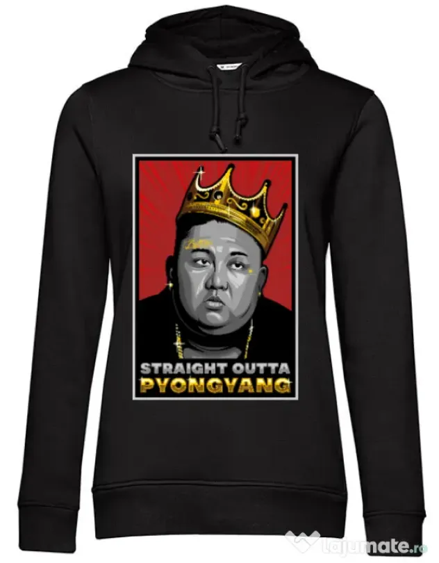 Hoodie dama cu gluga Straight outta Pyongyang Negru