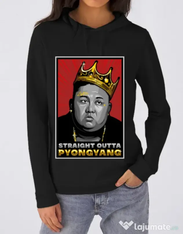 Hoodie dama cu gluga Straight outta Pyongyang Negru