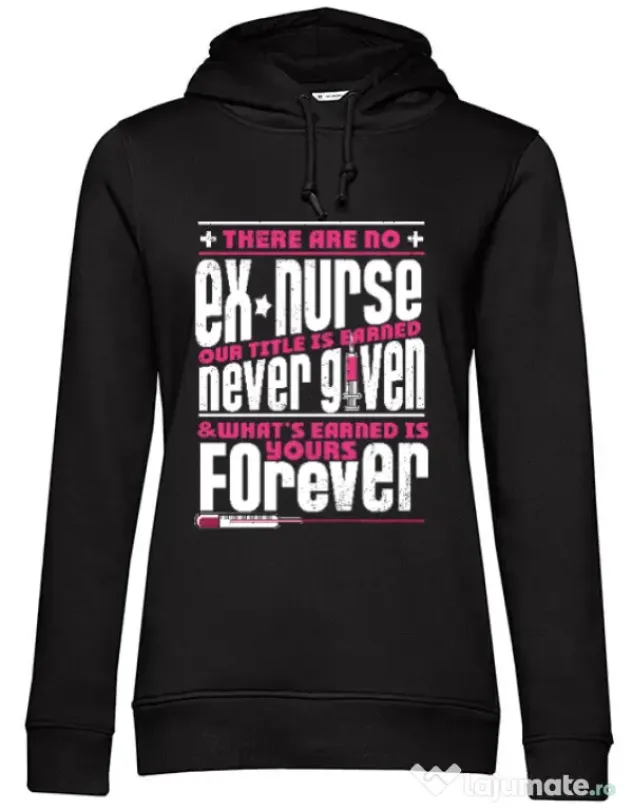 Hoodie dama cu gluga Ex nurse Negru