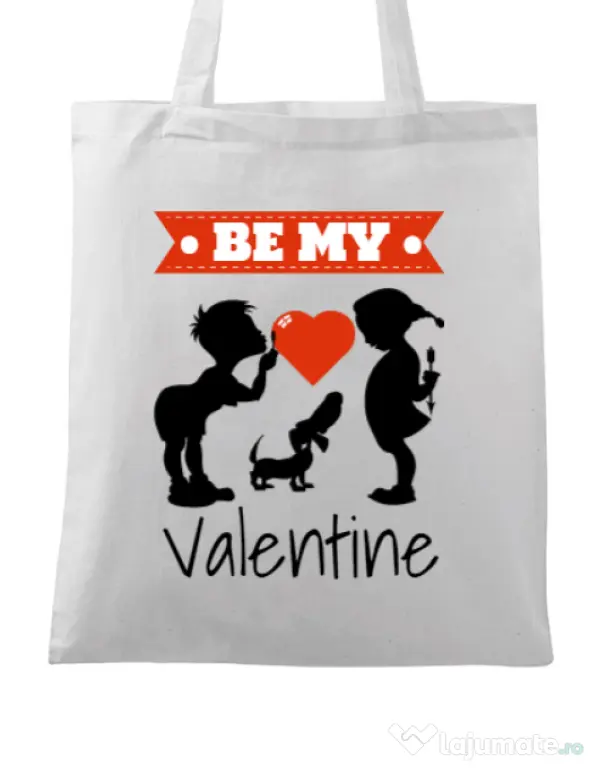 Sacosa din panza Be my valentine Alb