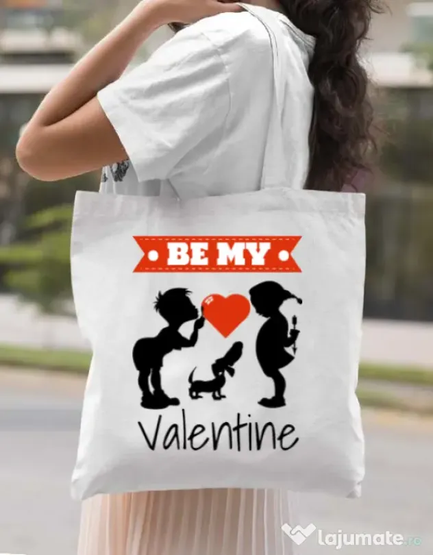 Sacosa din panza Be my valentine Alb
