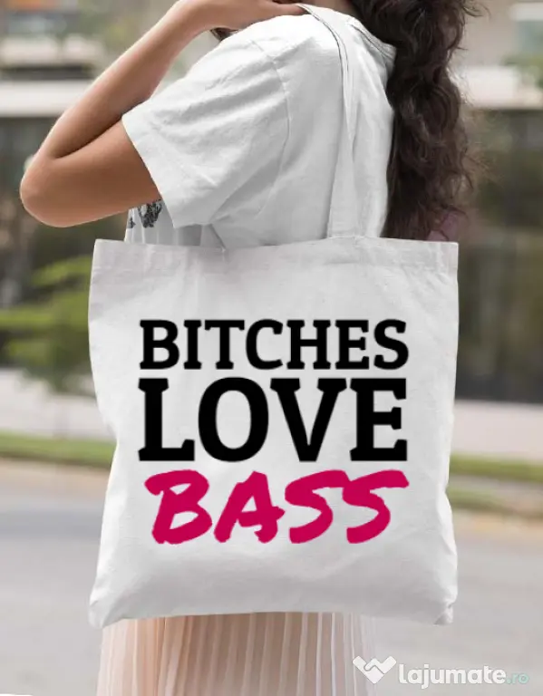 Sacosa din panza Bitches love bass Alb
