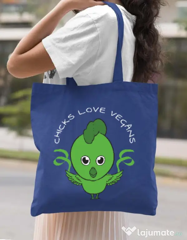 Sacosa din panza Chicks love vegans Albastru regal
