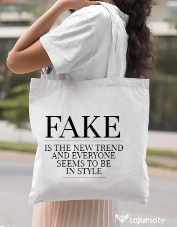 Sacosa din panza Fake is the new trend Alb