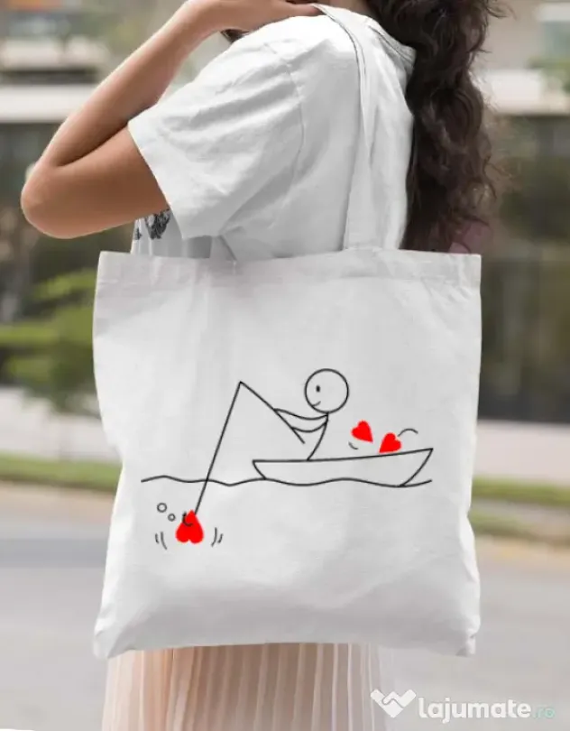 Sacosa din panza Fishing for love 1 Alb